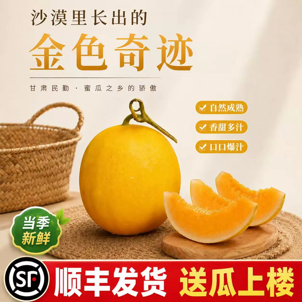 甘肃民勤蜜瓜沙漠蜜瓜甜瓜金红宝黄河蜜瓜应季当季新鲜水果哈密瓜