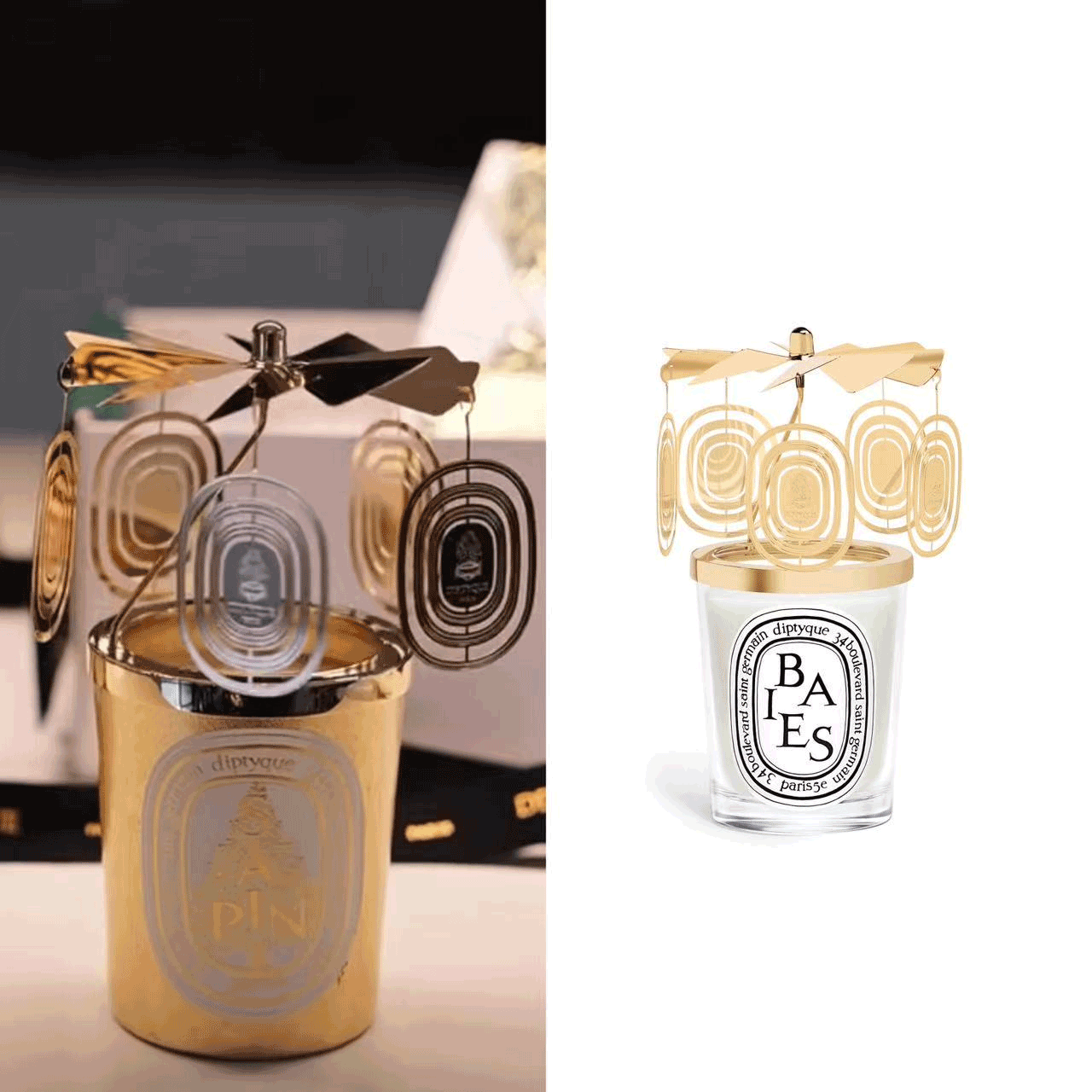 Diptyque Christmas rotating carousel candle holder, featuring delicate golden charms.