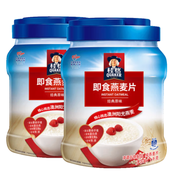 32.9元包邮！桂格（QUAKER)）经典原味麦片 罐装即食 1000g*2桶