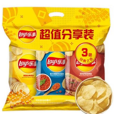 9.8元包邮！乐事 薯片超值分享装（原味/红烩/烧烤）70g*3包（返1元实惠金）