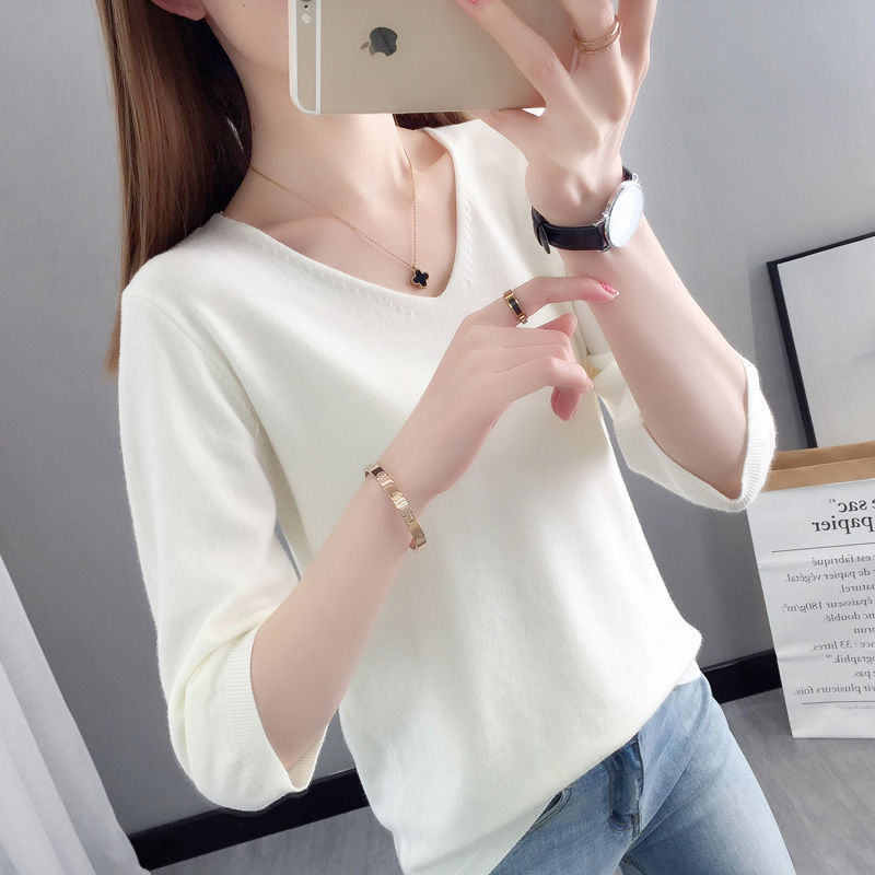 春季新款七分袖薄款v领外穿冰丝针织衫女