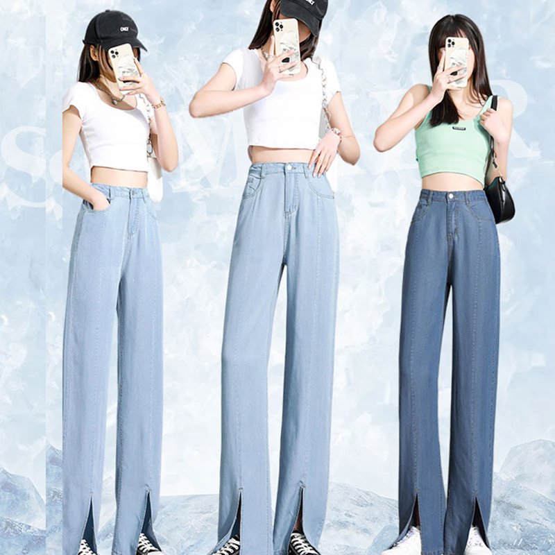 【雅鹿官方】高腰开叉阔腿裤天丝牛仔裤