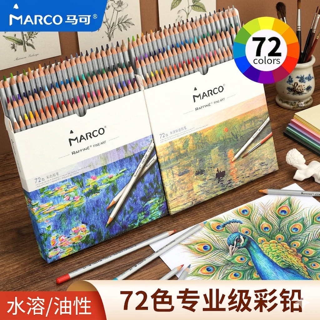 Marco马可彩铅笔美术生专用彩铅笔小学生专用油性水溶性彩铅动漫专用72色美术素描画画笔初学者绘画涂色套装