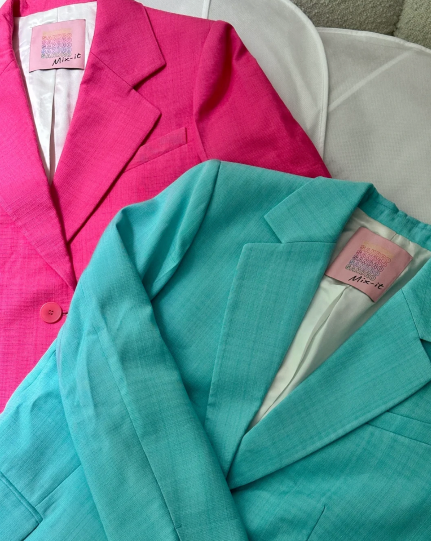 Close up of the Sandro blazer fabric texture and buttons