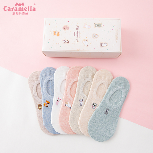29.9元包邮！CARAMELLA 女士刺绣棉质隐形船袜 7双