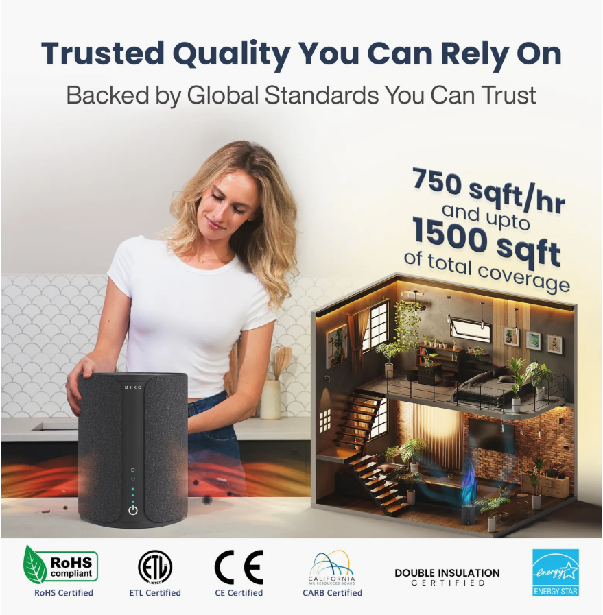 Image showing the quiet operation and the triple filtration system of the MIKO air purifier.