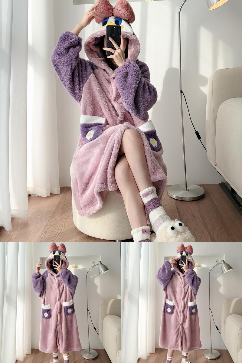 冬天唐老鸭秋冬珊瑚绒加绒可爱睡袍