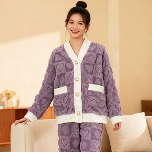 春秋长袖睡衣女双面舒棉绒开衫家居服套装大码青年长裤可外穿新