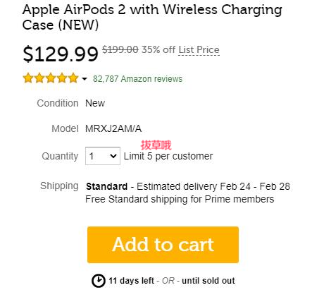 Apple AirPods 第2代无线充电版,65折$129.99 - 拔草哦