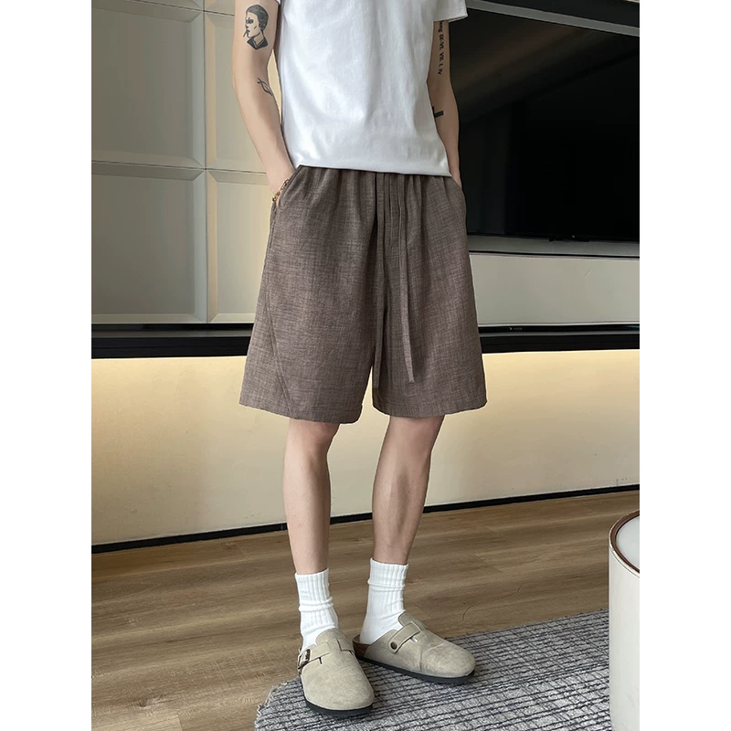 美式斜切仿亚麻休闲短裤男女同款夏季薄款透气五分棉麻裤子宽松潮