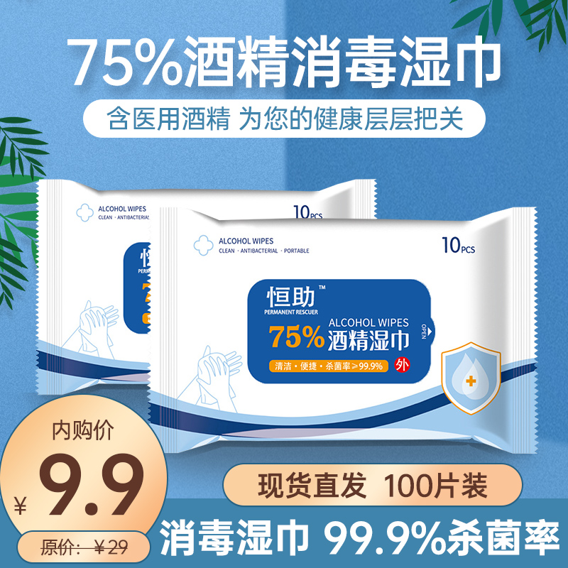 【刚需必备】恒助 75%酒精家用消毒杀菌湿纸 100抽（10片*10）