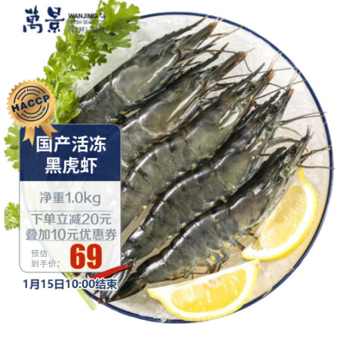 69元包邮！万景 鲜京采 北海活冻黑虎虾（大号31-40只）净重1kg