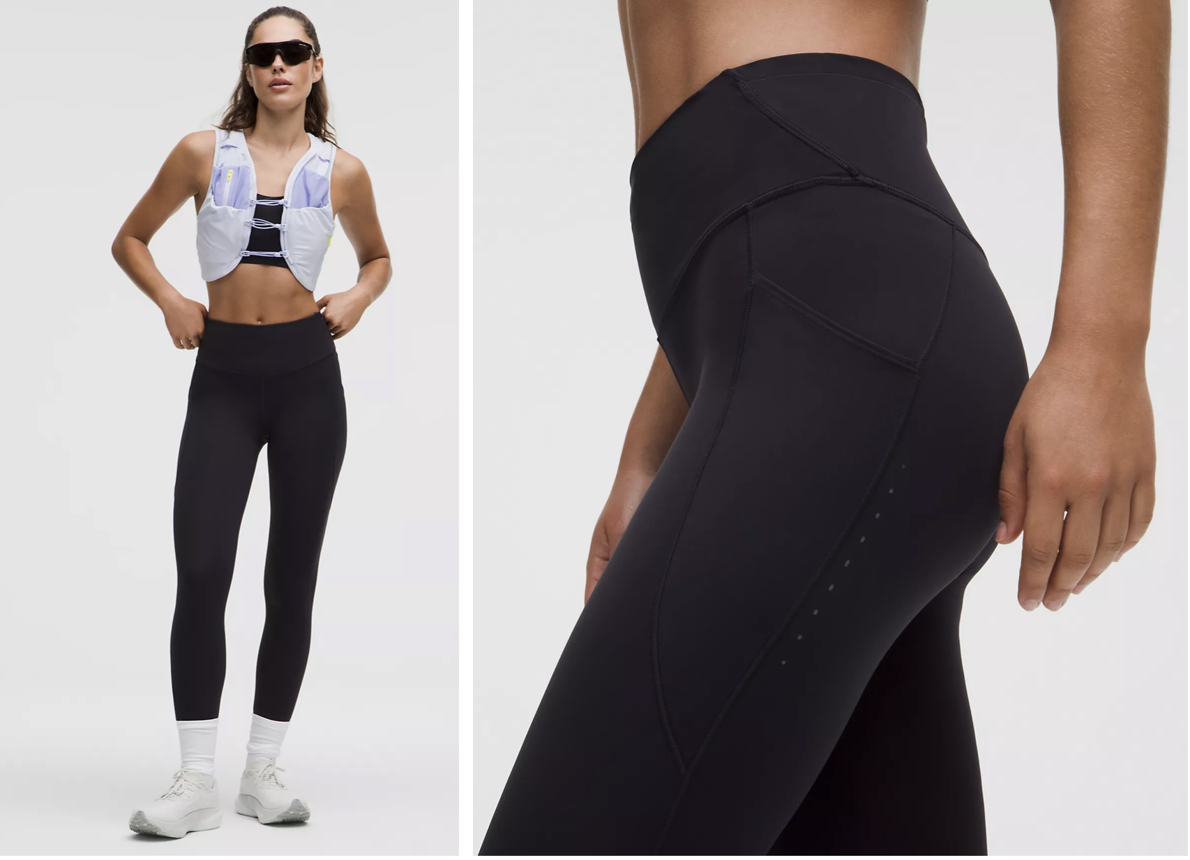 Flat lay of the black Fast and Free High-Rise Tight leggings showing the five pocket details.