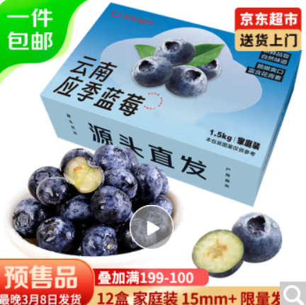 149.9元包邮！京鲜生 云南蓝莓125g*12盒（单果15mm+）