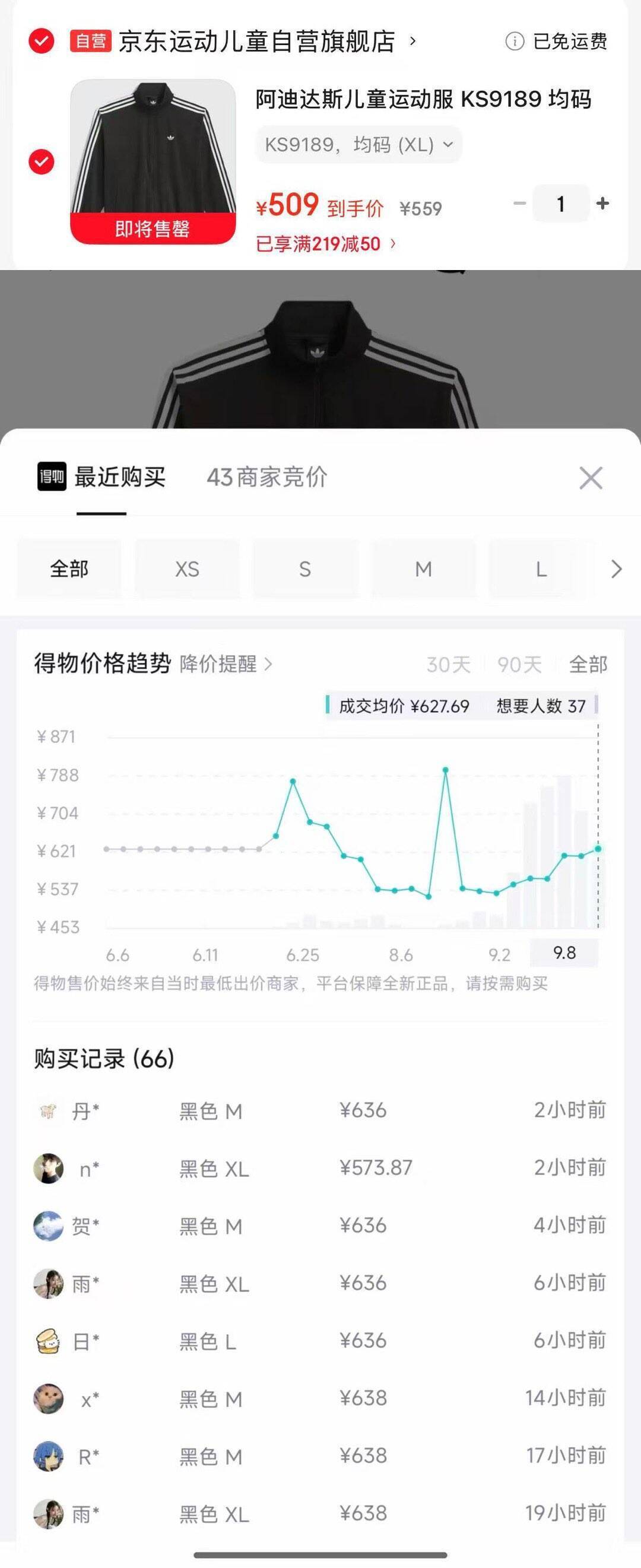 阿迪达斯黑外套单拍仅需509元，得物售价636元