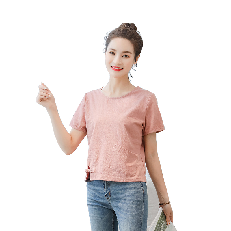 2022夏季棉麻女装休闲文艺上衣圆领修身短袖潮