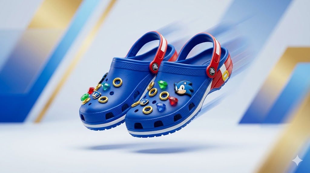 Crocs x SEGA Sonic the Hedgehog Classic Clogs Collaboration featuring blue design and custom Jibbitz