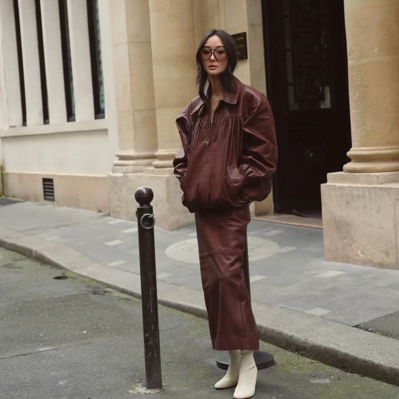 Elsa同款Helsa干邑色褶皱皮衣限时85折