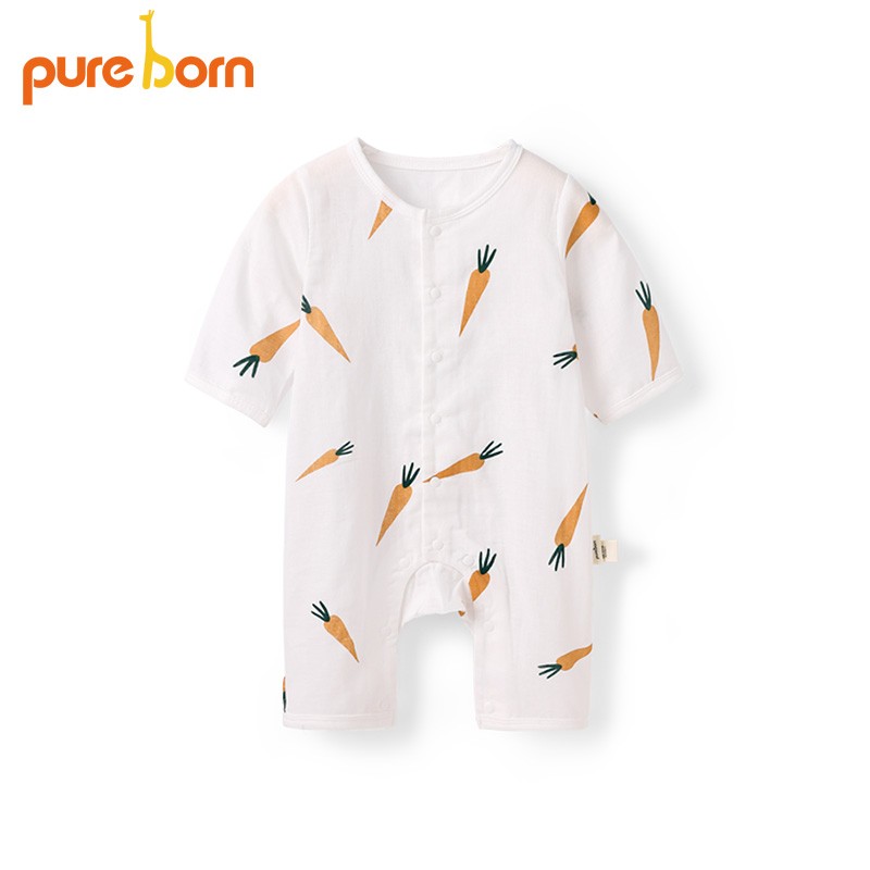pureborn博睿恩新生婴儿纱布连体衣夏季婴幼儿卡通