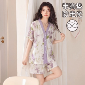 带胸垫防走光睡衣女夏季短袖短裤水墨紫花开衫可外穿家居服套装c
