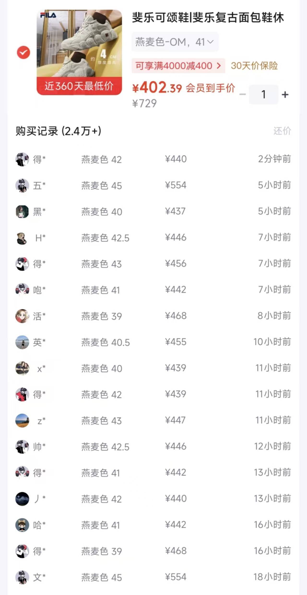 斐乐可颂鞋到手320元，得物价436元