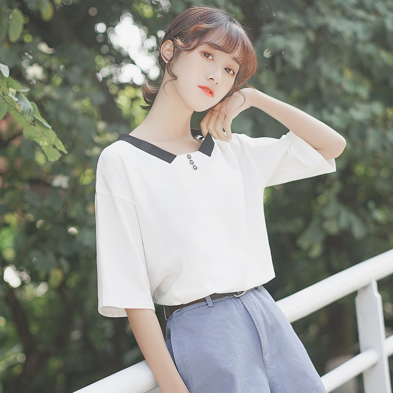 新款纽扣v领韩版宽松半袖学院风T恤少女