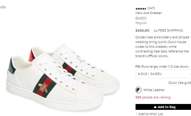 Gucci 古驰女士经典款小蜜蜂女士小白鞋,售价$650 - 拔草哦