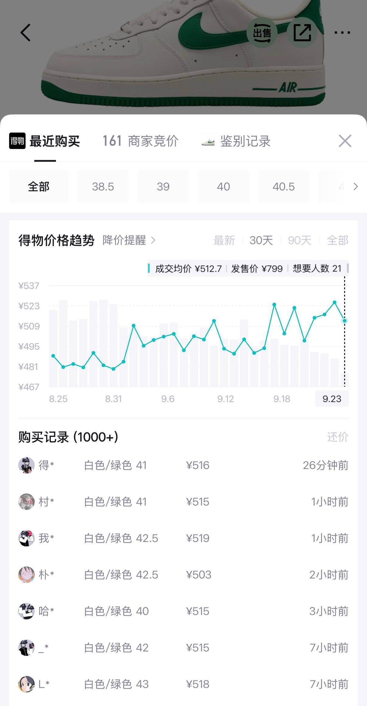 耐克白绿AF1运动鞋 消费券到手价397元