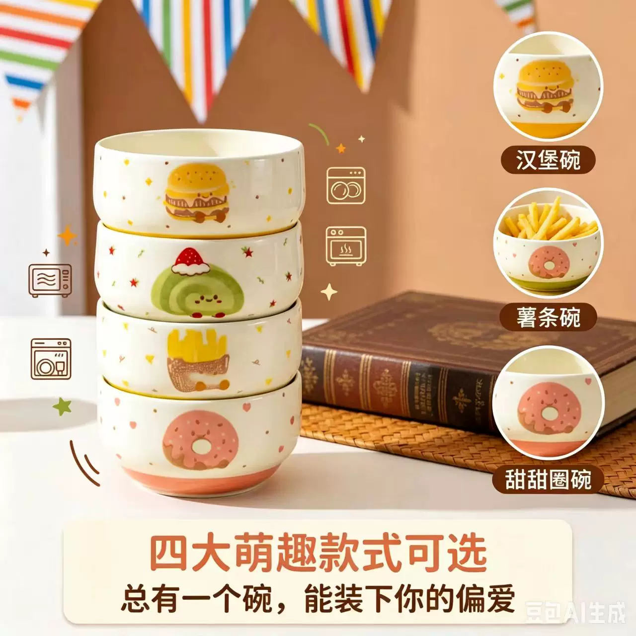 碗家用吃饭碗2026新款可爱ins风餐具陶瓷釉下彩高颜值米饭碗4只装