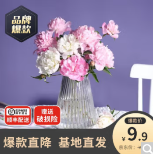9.9元包邮！鲜花 重瓣芍药4+1枝(随机色)