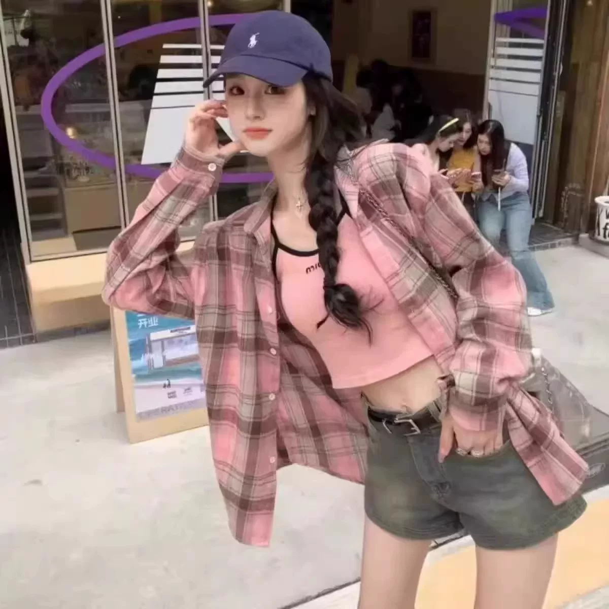 【新款】韩版hiphop撞色格子长袖衬衫