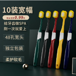 9.9元包邮！洁饶 48孔宽头牙刷 10支