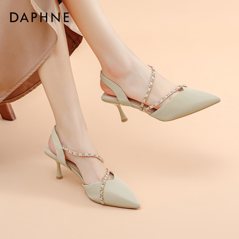 【JD旗舰店】达芙妮（DAPHNE）包头细跟链条尖头高跟鞋