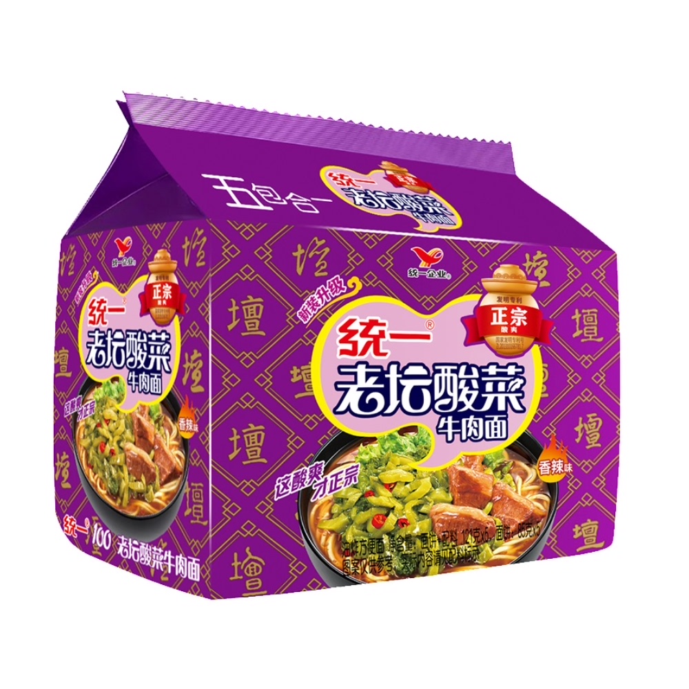 统一老坛酸菜牛肉面泡面121g*5袋