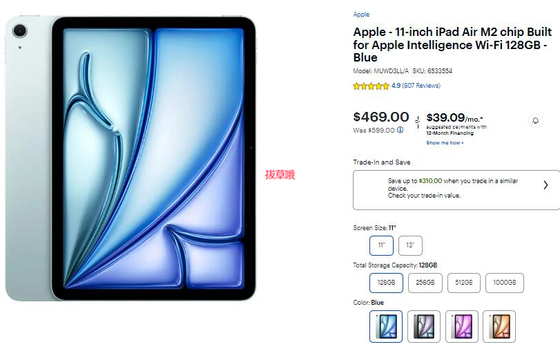 Apple iPad Air 11吋M2芯片128GB WiFi版,$469.00 - 拔草哦