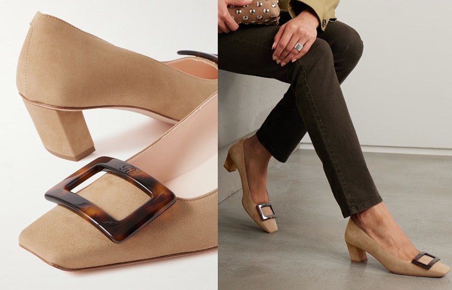 Close up of Roger Vivier sneakers on sale, showing details of the suede and buckle.