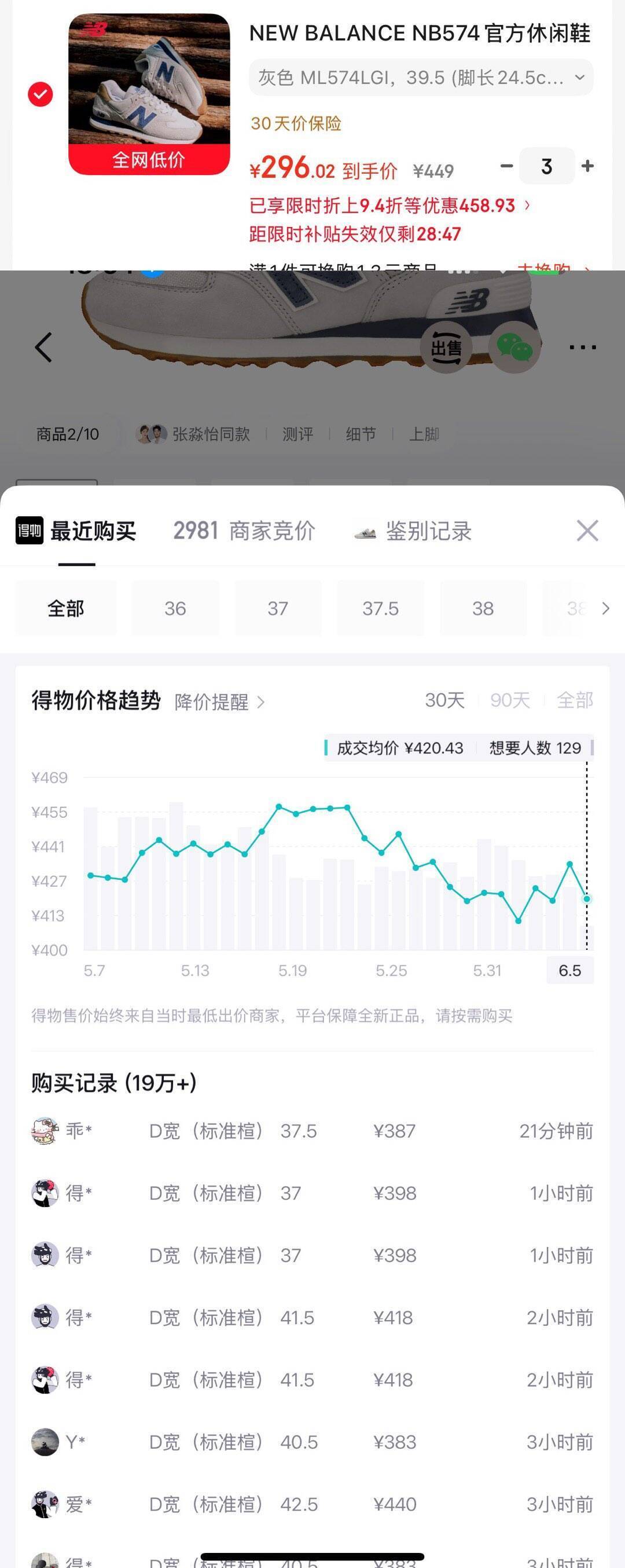NB 574lGI补货仅需296元！得物价399，叠加优惠到手更划算