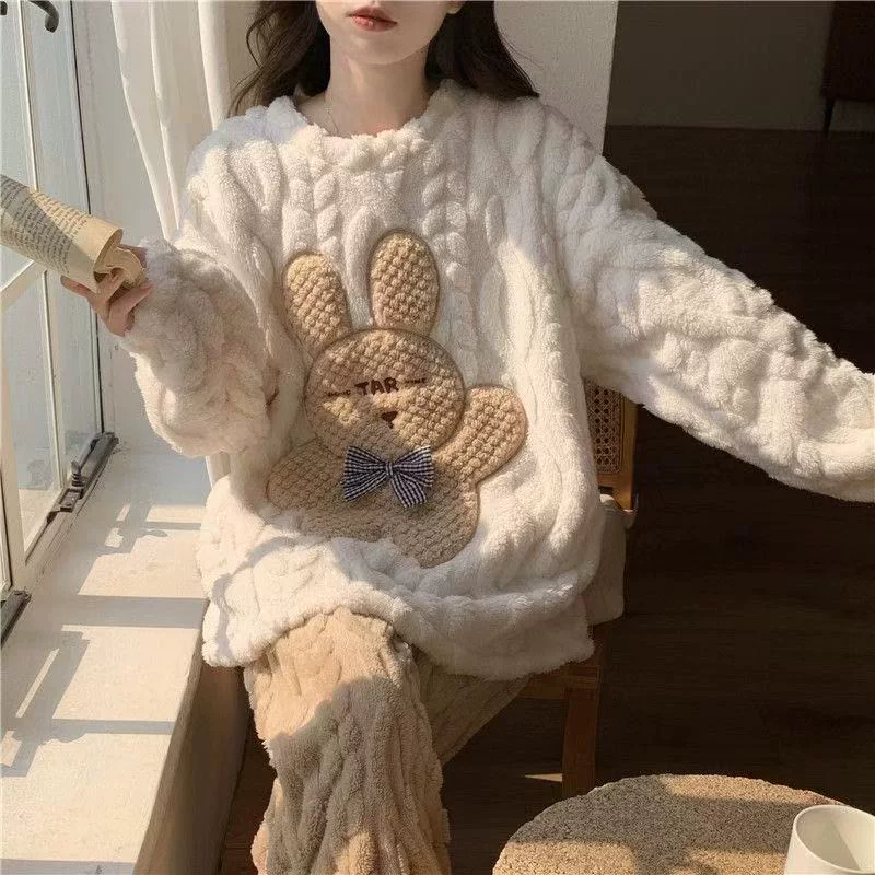 珊瑚绒睡衣女款秋冬季2026新款法兰绒加厚保暖可爱KT猫家居服套装