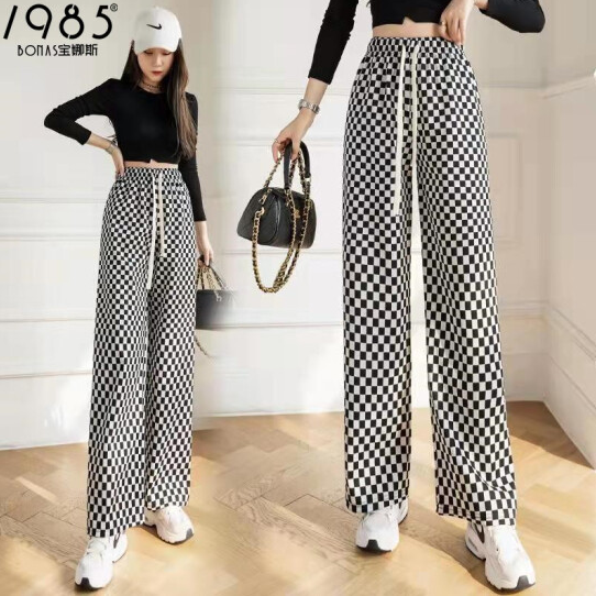25.9元包邮！宝娜斯 女士格子高腰阔腿裤