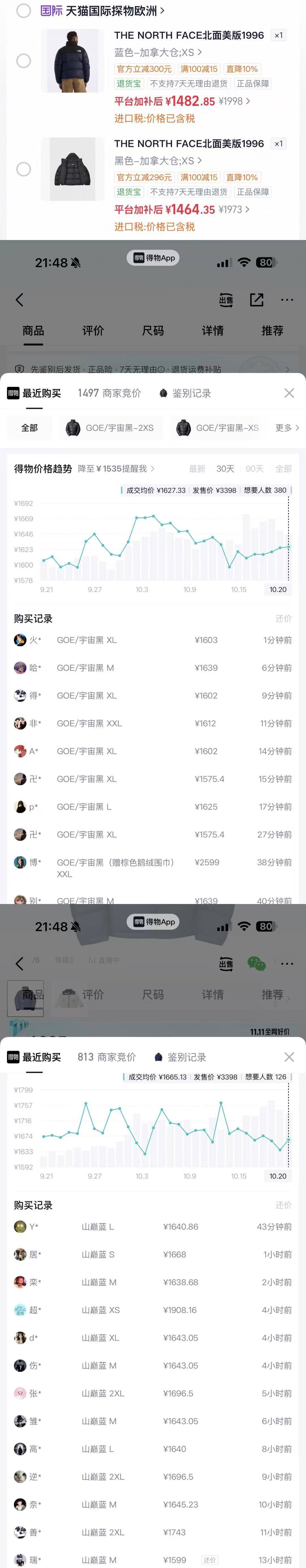 天猫国际北面羽绒服：黑色1365元/蓝色1383元，直播间补贴立减