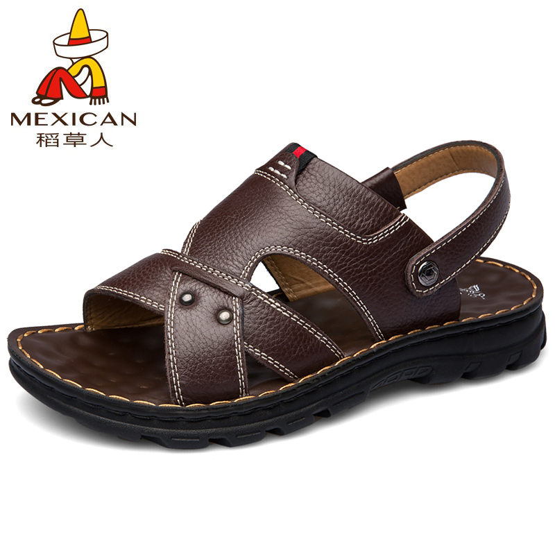 【稻草人】夏季透气真皮沙滩凉拖鞋