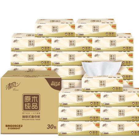 29.36元！清风 原木纯品系列 抽纸 3层100抽30包（凑单 付66.52元）