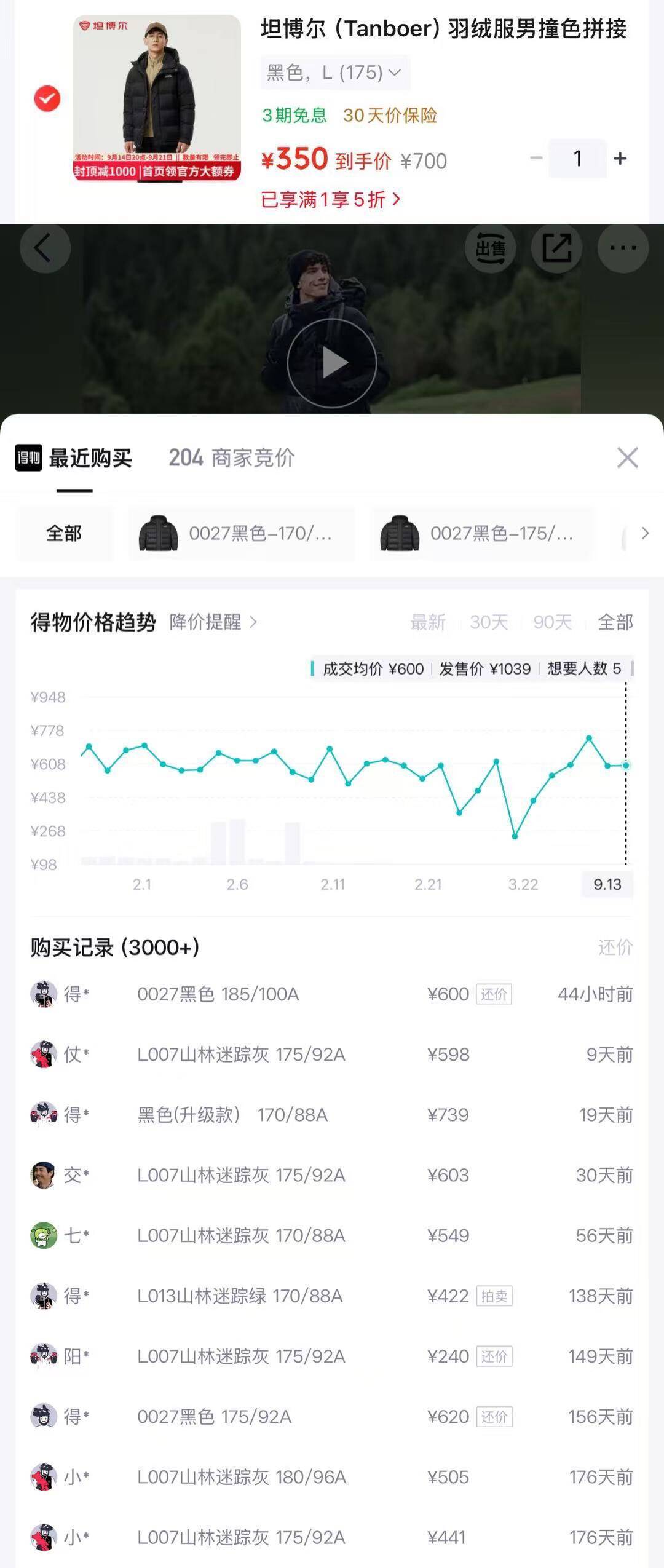坦博尔羽绒服到手350元，得物同款卖597