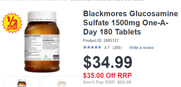 Blackmores 澳佳宝 维骨力关节灵 硫酸氨基葡萄糖 1500mg 180片,售价AU$34.99(约¥161)