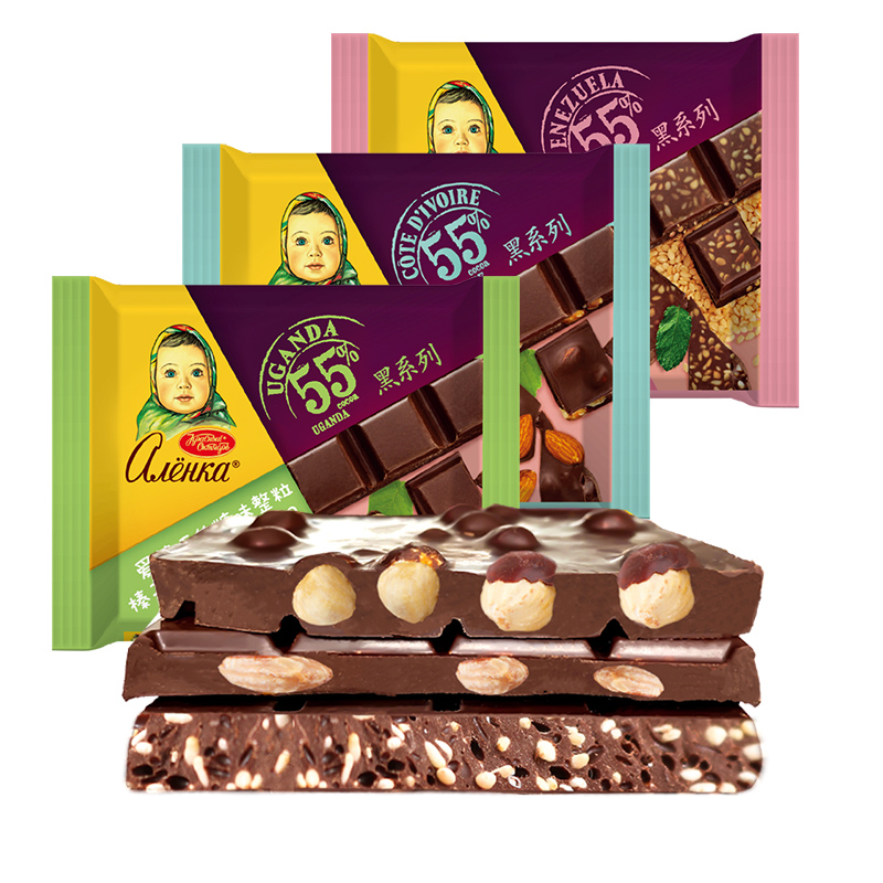 爱莲巧俄罗斯进口坚果纯巧克力90g*5大块