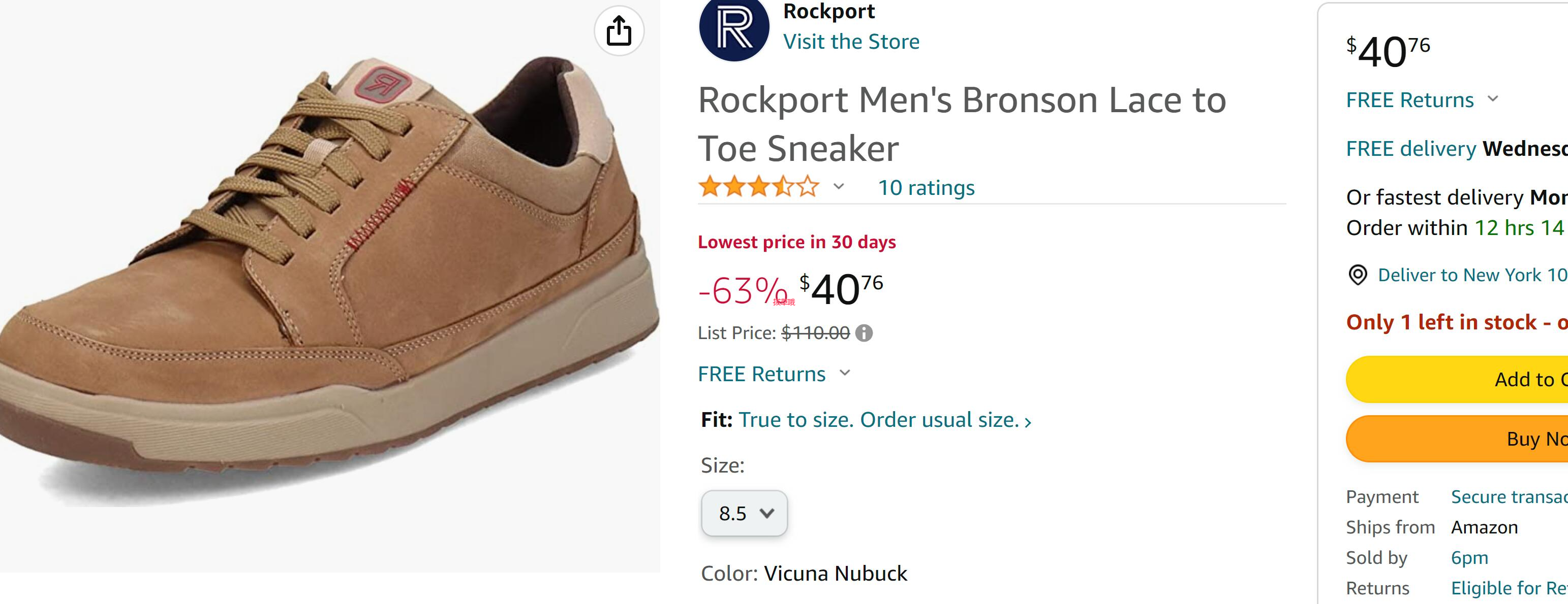 Rockport 乐步Bronson男士系带休闲鞋， 低至$40.76