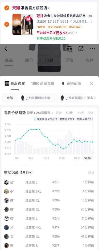 准者长款羽绒服叠加天降+淘金币到手156.9元，得物同款299元