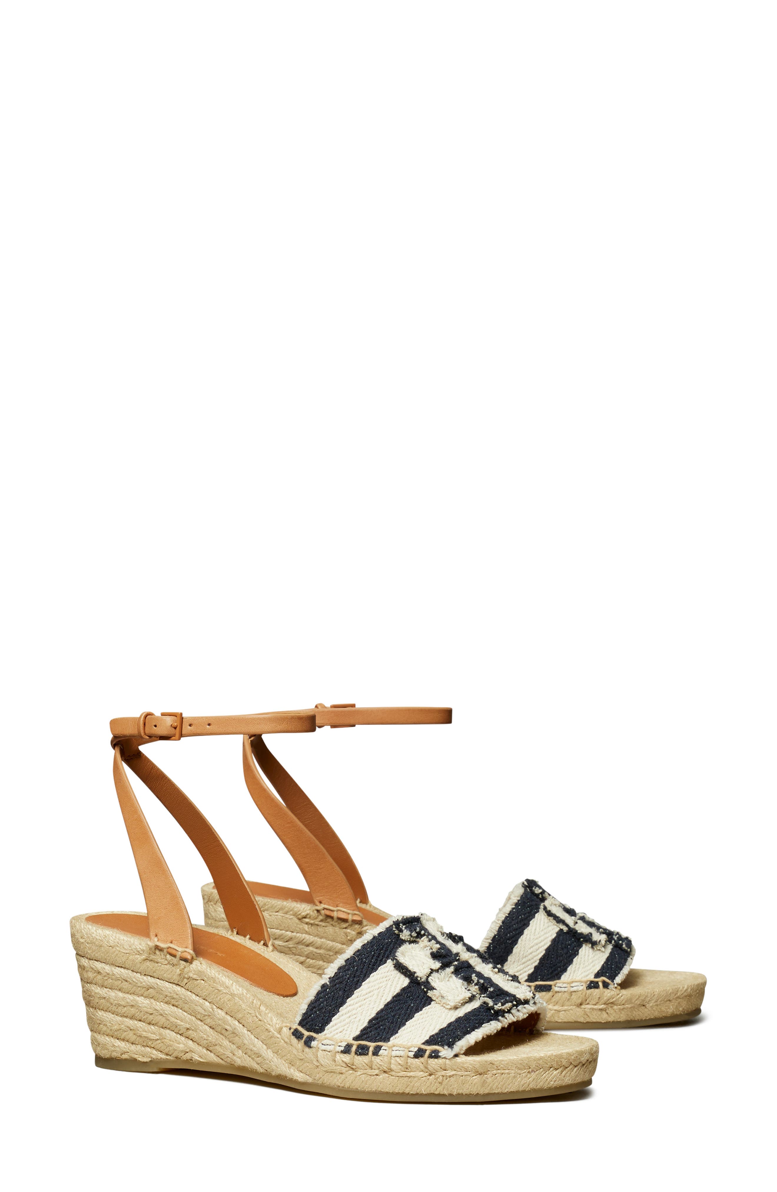 Tory Burch Stripe Double T Ankle Strap Espadrille Platform Wedge Sandal