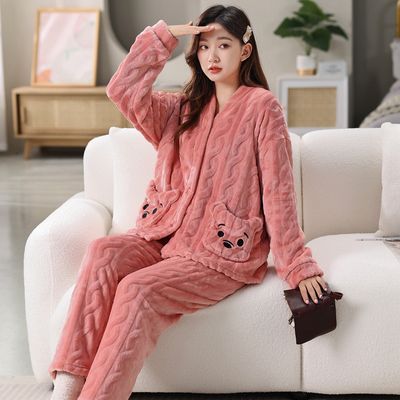 冬季睡衣女秋冬珊瑚绒加厚加绒卡通小熊法兰绒长袖家居服套装春秋