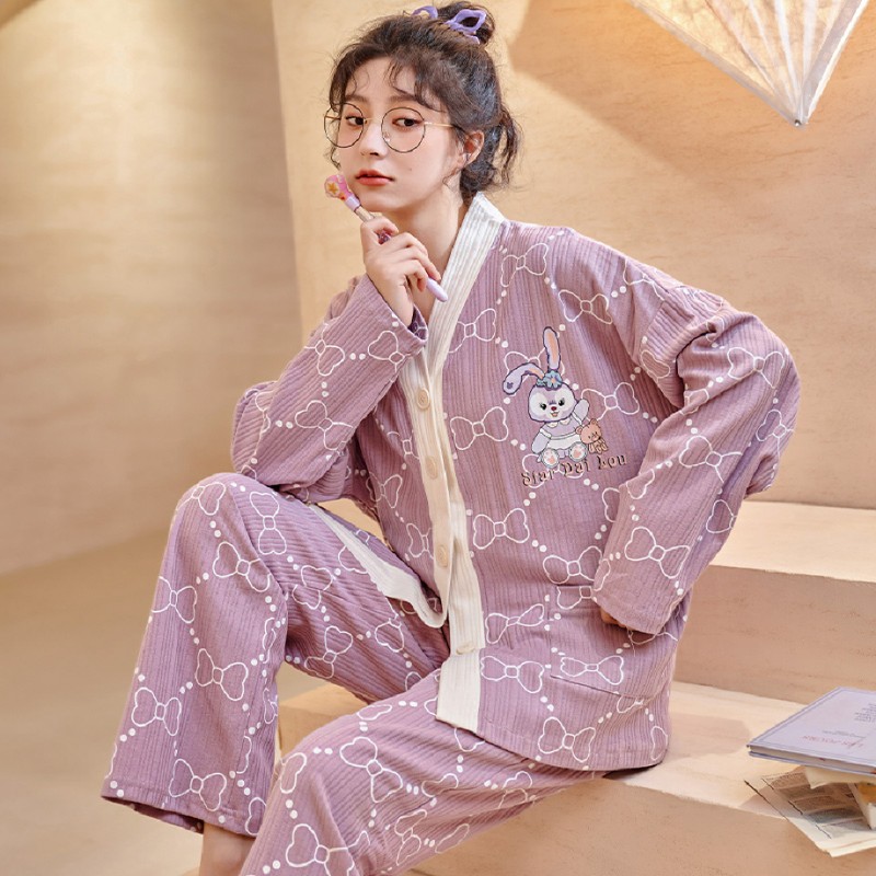 【猫人】纯棉V领开衫长袖家居服套装